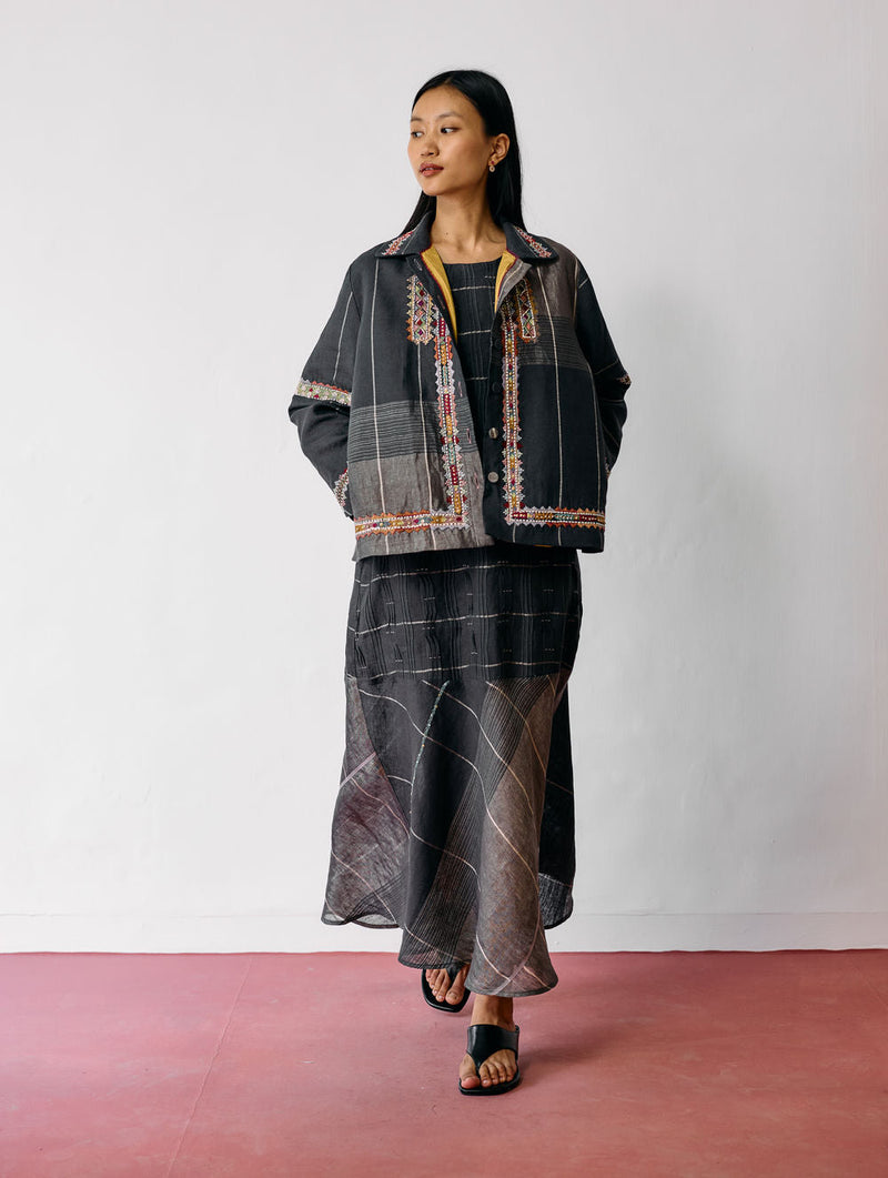 Zuri Hand-Embroidered Metallic Jacket-Charcoal linen jacket/overlay by Manan in black for women in Singapore