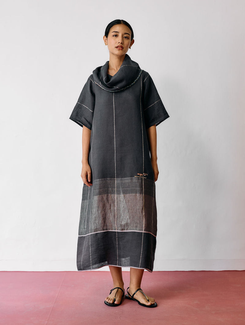 Zaran Cowl Neck Metallic Dress-Charcoal linen dress by Manan in black for women in Singapore