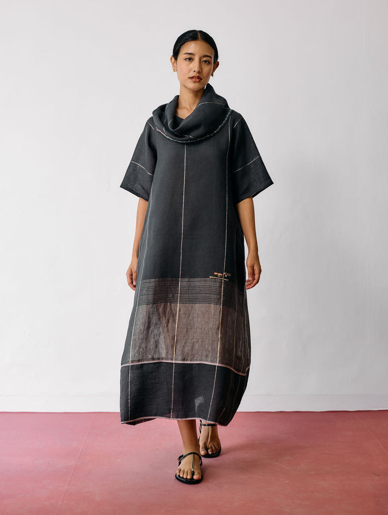 Zaran Cowl Neck Metallic Dress-Charcoal linen dress by Manan in black for women in Singapore
