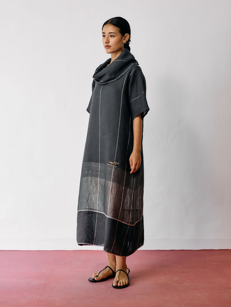 Zaran Cowl Neck Metallic Dress-Charcoal linen dress by Manan in black for women in Singapore