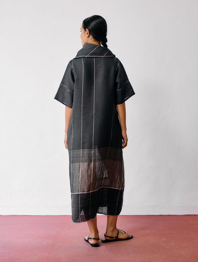 Zaran Cowl Neck Metallic Dress-Charcoal linen dress by Manan in black for women in Singapore