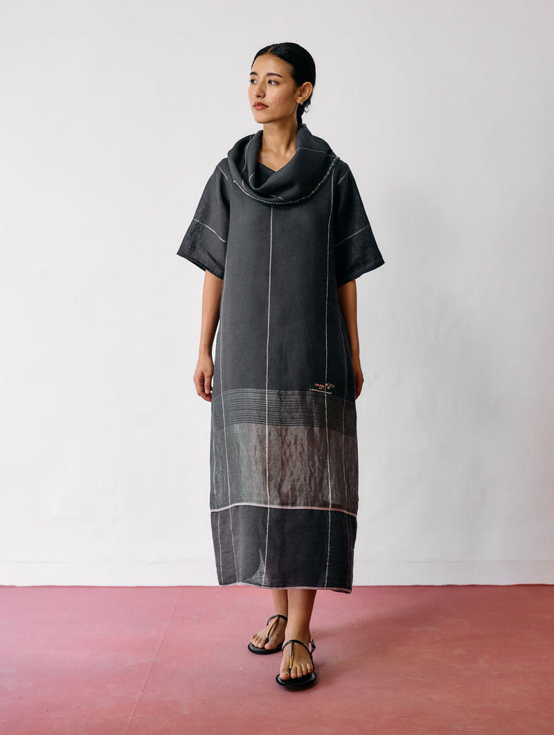 Zaran Cowl Neck Metallic Dress-Charcoal linen dress by Manan in black for women in Singapore