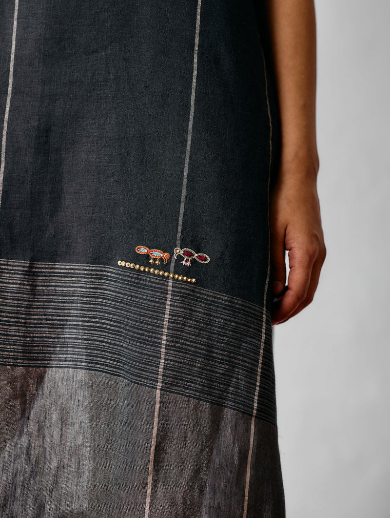 Zaran Cowl Neck Metallic Dress-Charcoal linen dress by Manan in black for women in Singapore