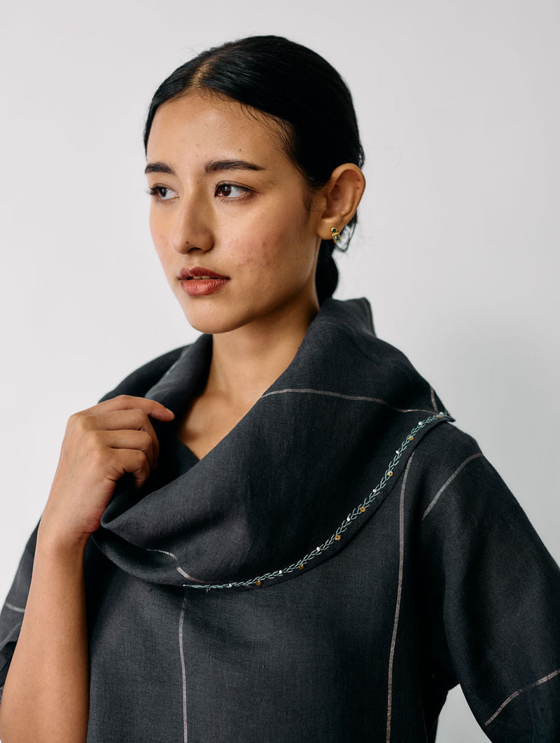 Zaran Cowl Neck Metallic Dress-Charcoal linen dress by Manan in black for women in Singapore