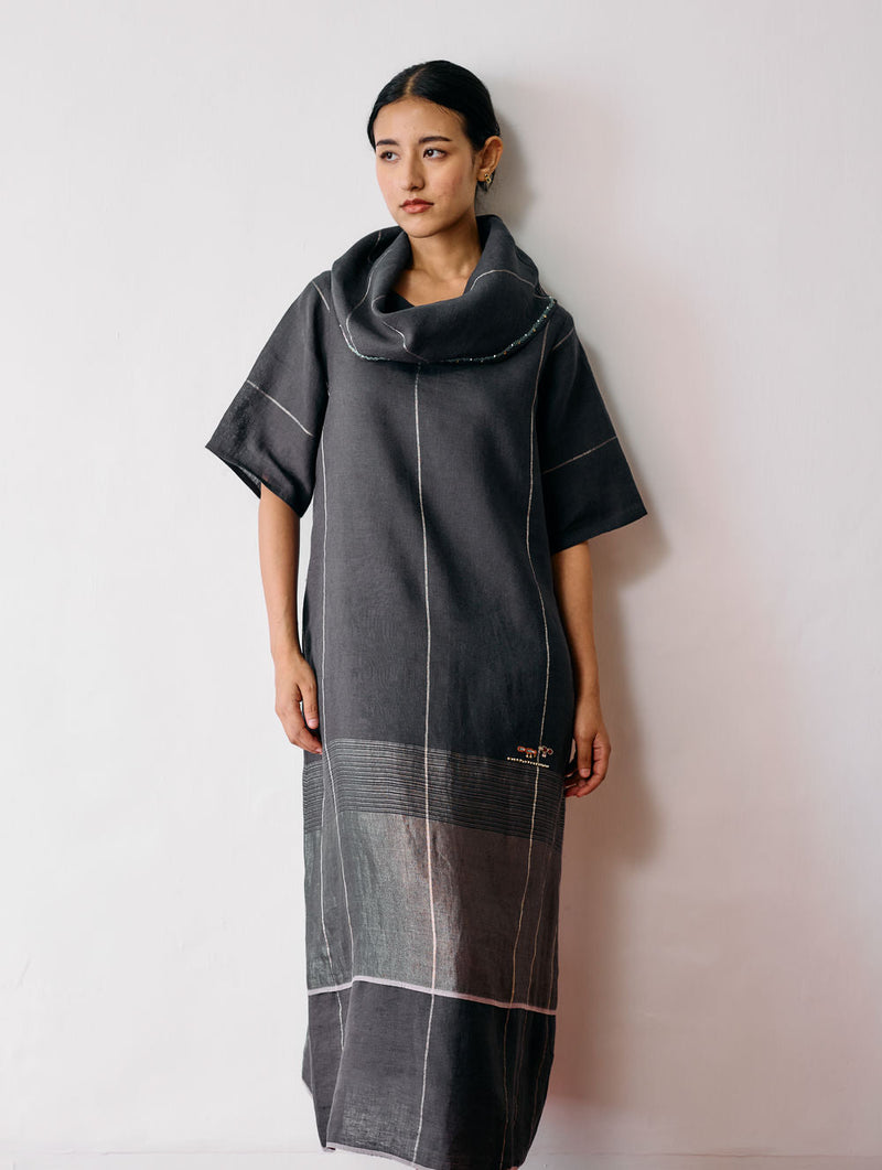 Zaran Cowl Neck Metallic Dress-Charcoal linen dress by Manan in black for women in Singapore