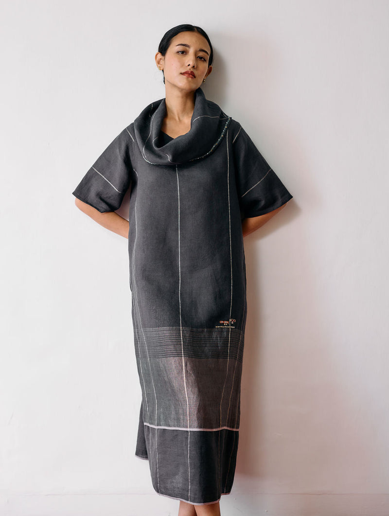 Zaran Cowl Neck Metallic Dress-Charcoal linen dress by Manan in black for women in Singapore