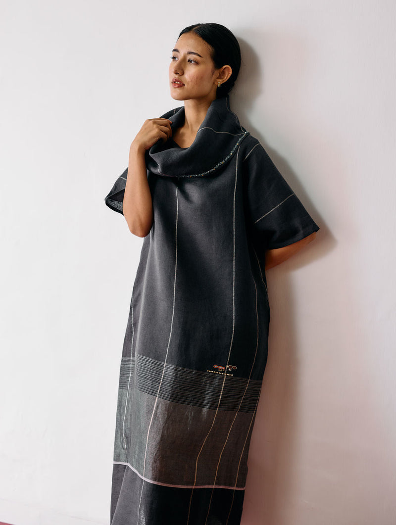 Zaran Cowl Neck Metallic Dress-Charcoal linen dress by Manan in black for women in Singapore