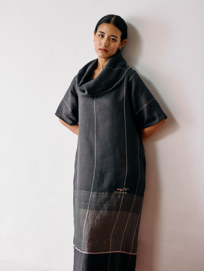 Zaran Cowl Neck Metallic Dress-Charcoal linen dress by Manan in black for women in Singapore