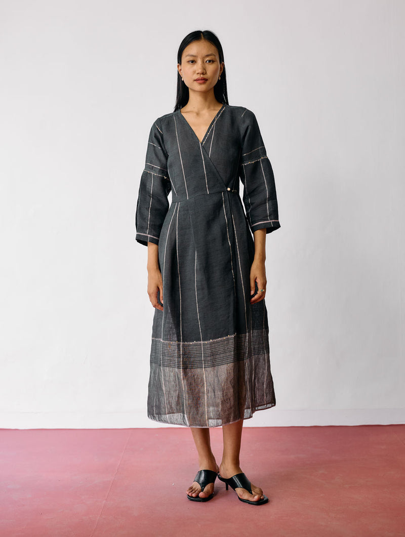 Raya Metallic Linen Wrap dress-Charcoal linen dress by Manan in black for women in Singapore