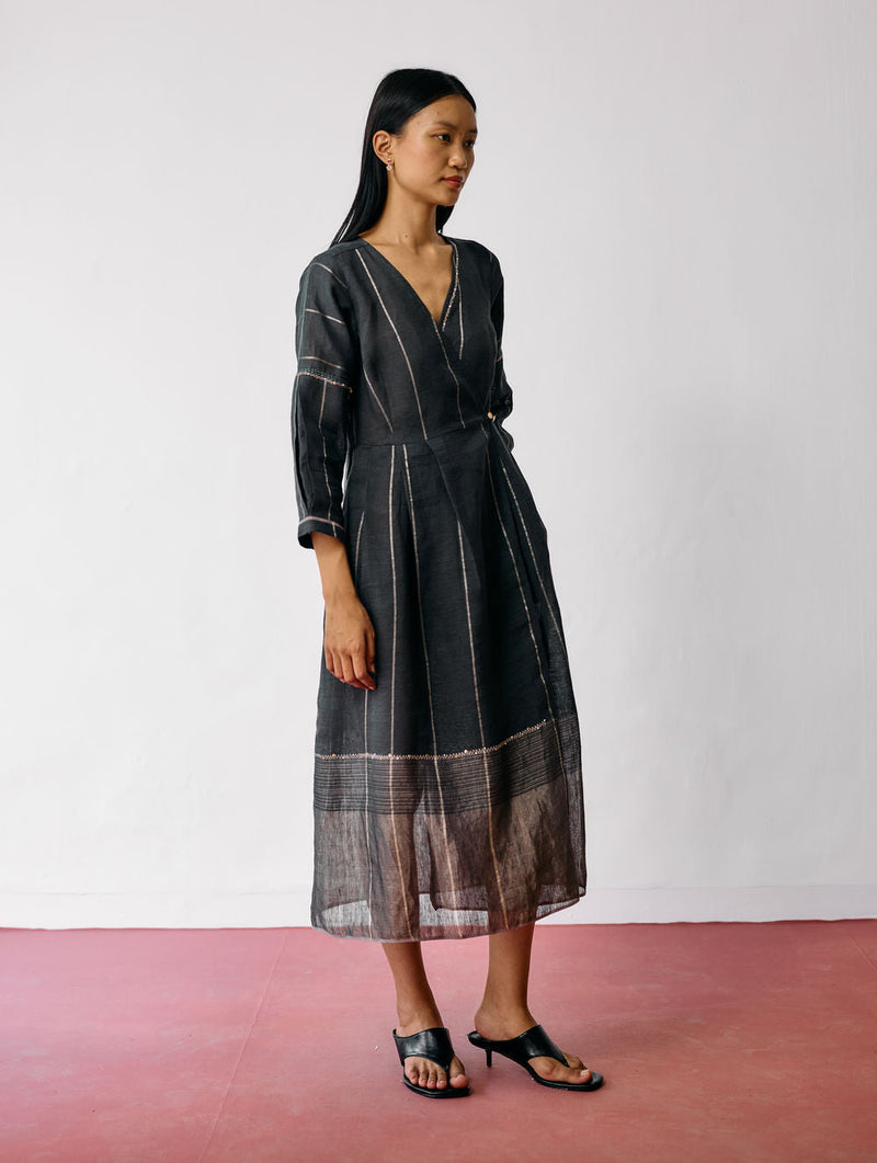 Raya Metallic Linen Wrap dress-Charcoal linen dress by Manan in black for women in Singapore
