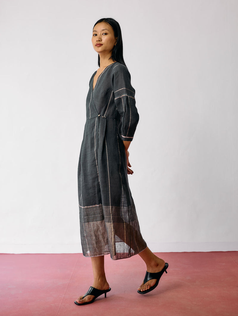 Raya Metallic Linen Wrap dress-Charcoal linen dress by Manan in black for women in Singapore