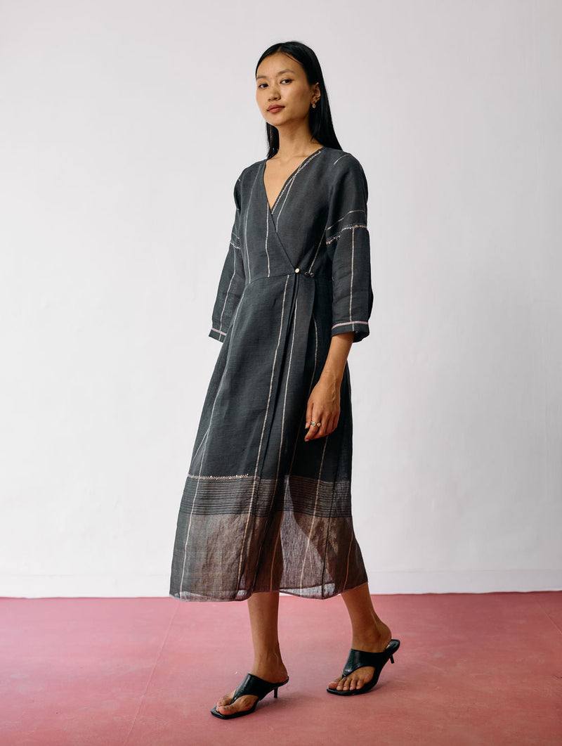 Raya Metallic Linen Wrap dress-Charcoal linen dress by Manan in black for women in Singapore