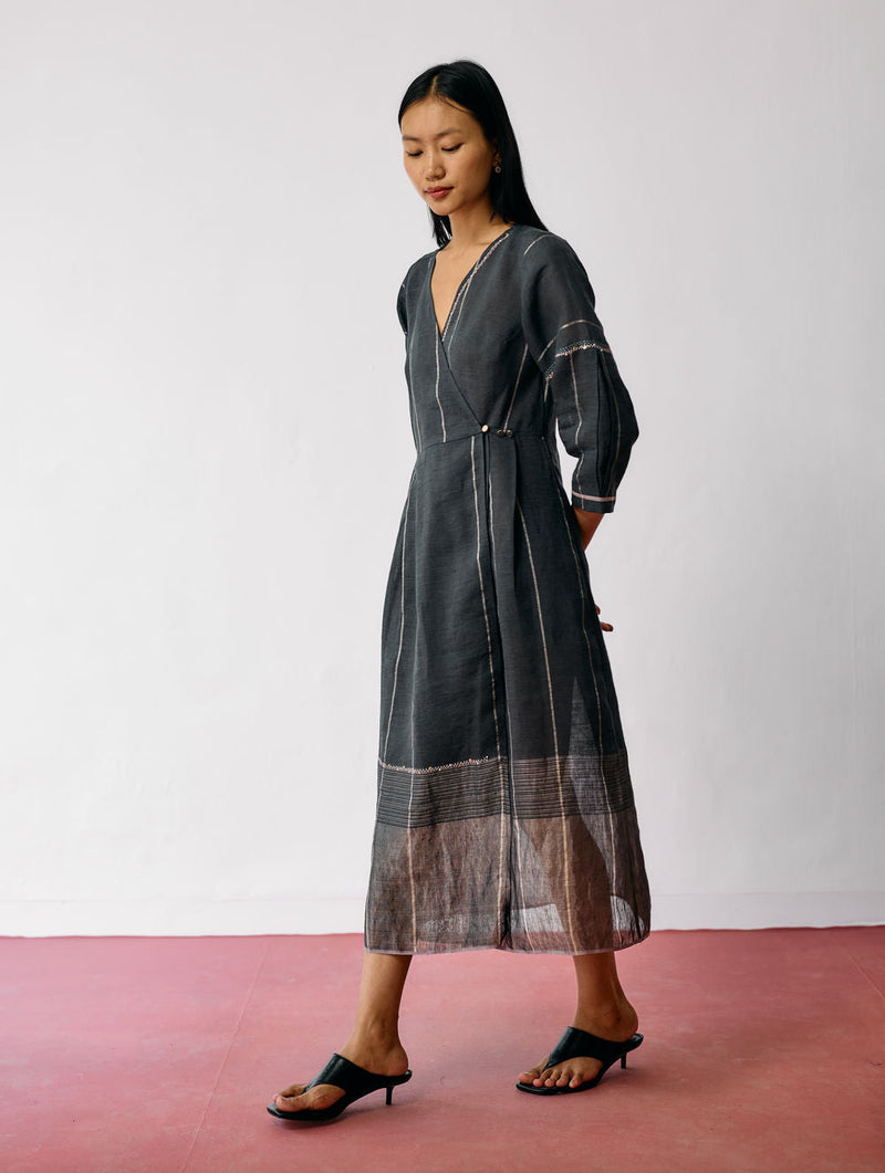 Raya Metallic Linen Wrap dress-Charcoal linen dress by Manan in black for women in Singapore