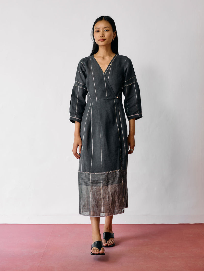 Raya Metallic Linen Wrap dress-Charcoal linen dress by Manan in black for women in Singapore