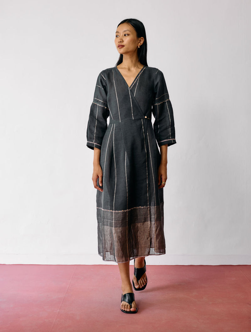 Raya Metallic Linen Wrap dress-Charcoal linen dress by Manan in black for women in Singapore