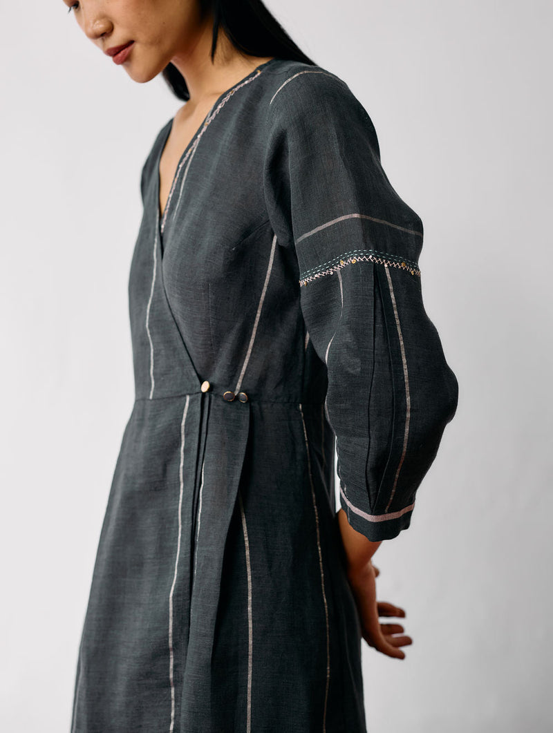 Raya Metallic Linen Wrap dress-Charcoal linen dress by Manan in black for women in Singapore
