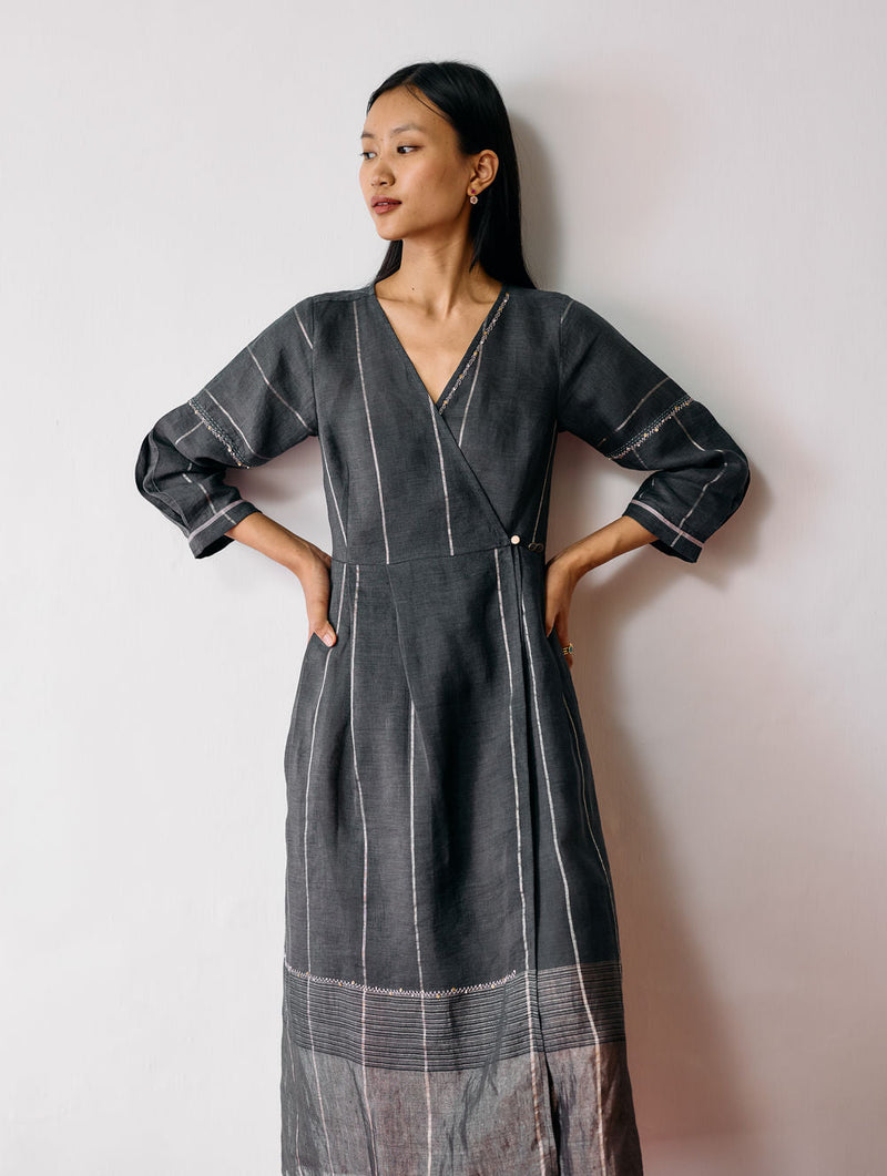 Raya Metallic Linen Wrap dress-Charcoal linen dress by Manan in black for women in Singapore