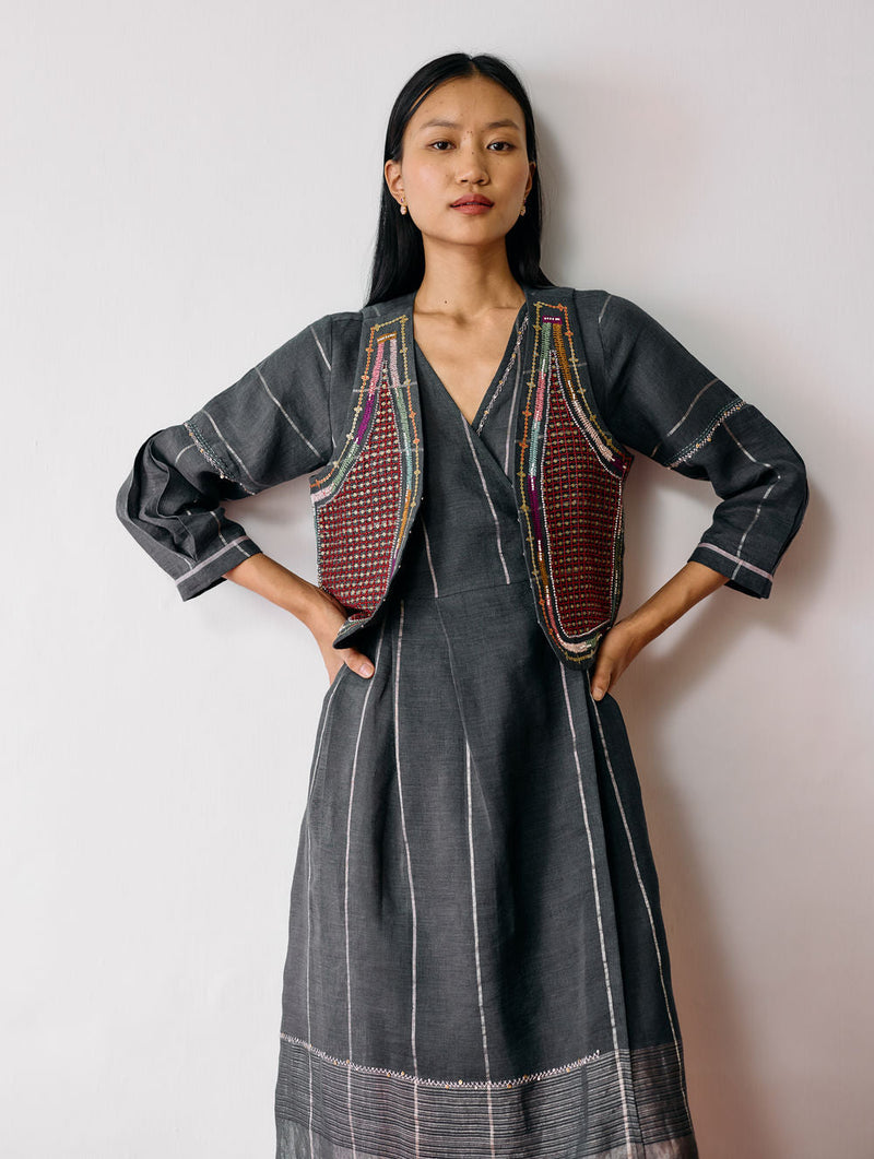 Raya Metallic Linen Wrap Dress with Jacket-Charcoal linen co-ord set by Manan in black for women in Singapore
