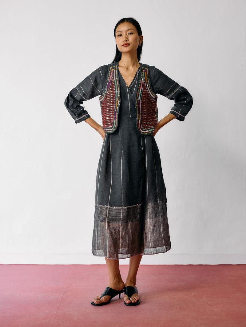 Raya Metallic Linen Wrap Dress with Jacket-Charcoal linen co-ord set by Manan in black for women in Singapore