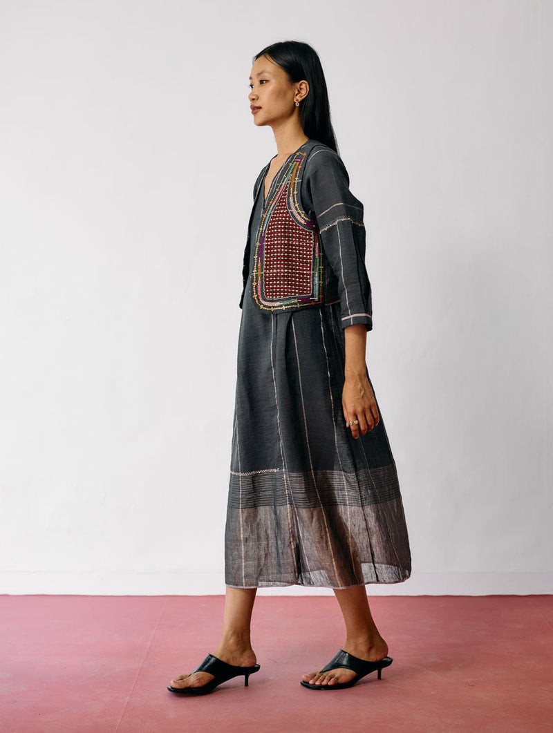Raya Metallic Linen Wrap Dress with Jacket-Charcoal linen co-ord set by Manan in black for women in Singapore
