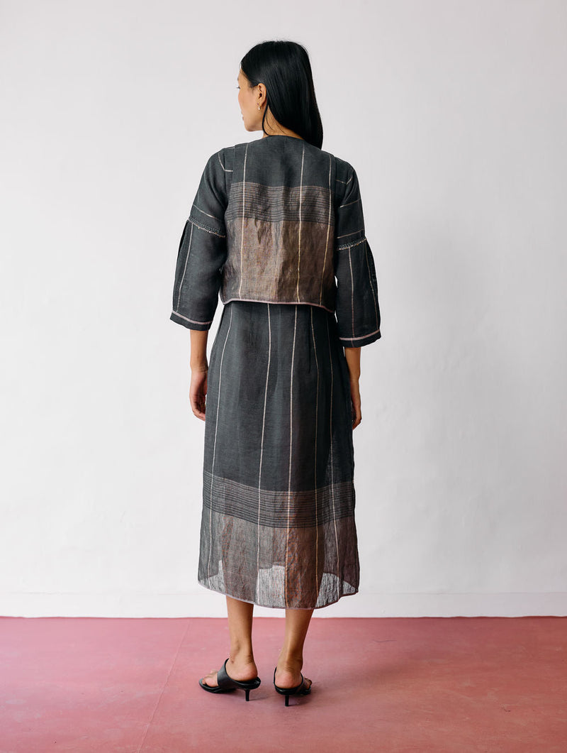 Raya Metallic Linen Wrap Dress with Jacket-Charcoal linen co-ord set by Manan in black for women in Singapore