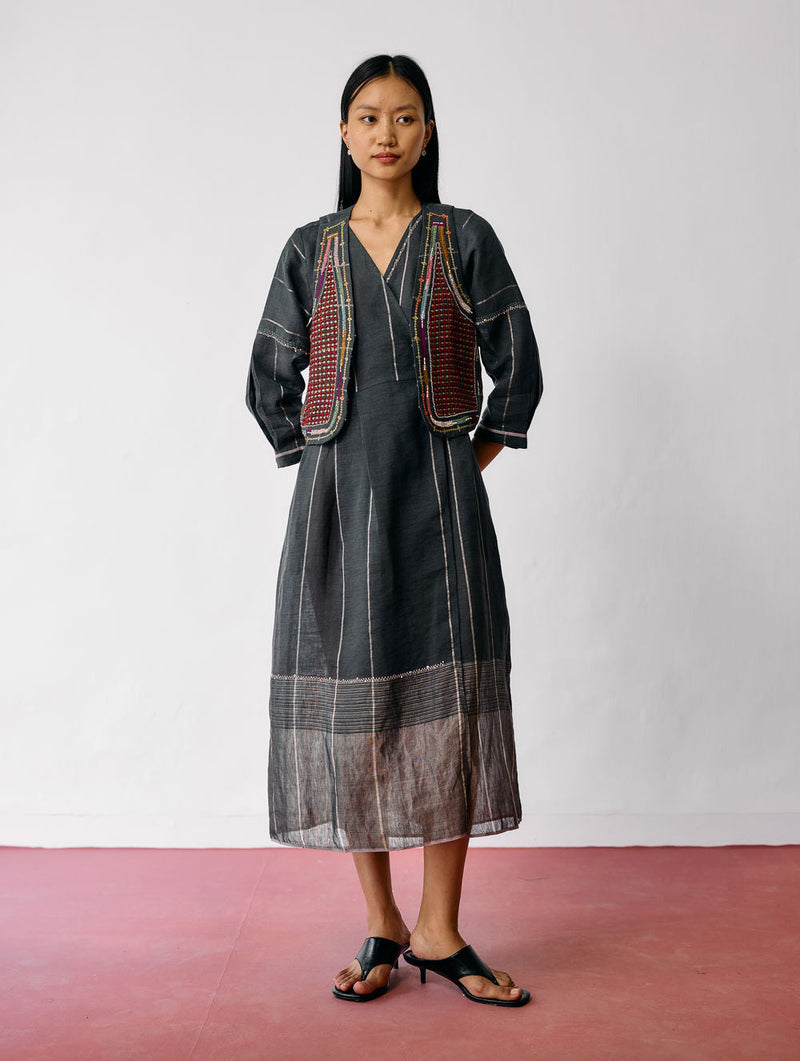 Raya Metallic Linen Wrap Dress with Jacket-Charcoal linen co-ord set by Manan in black for women in Singapore