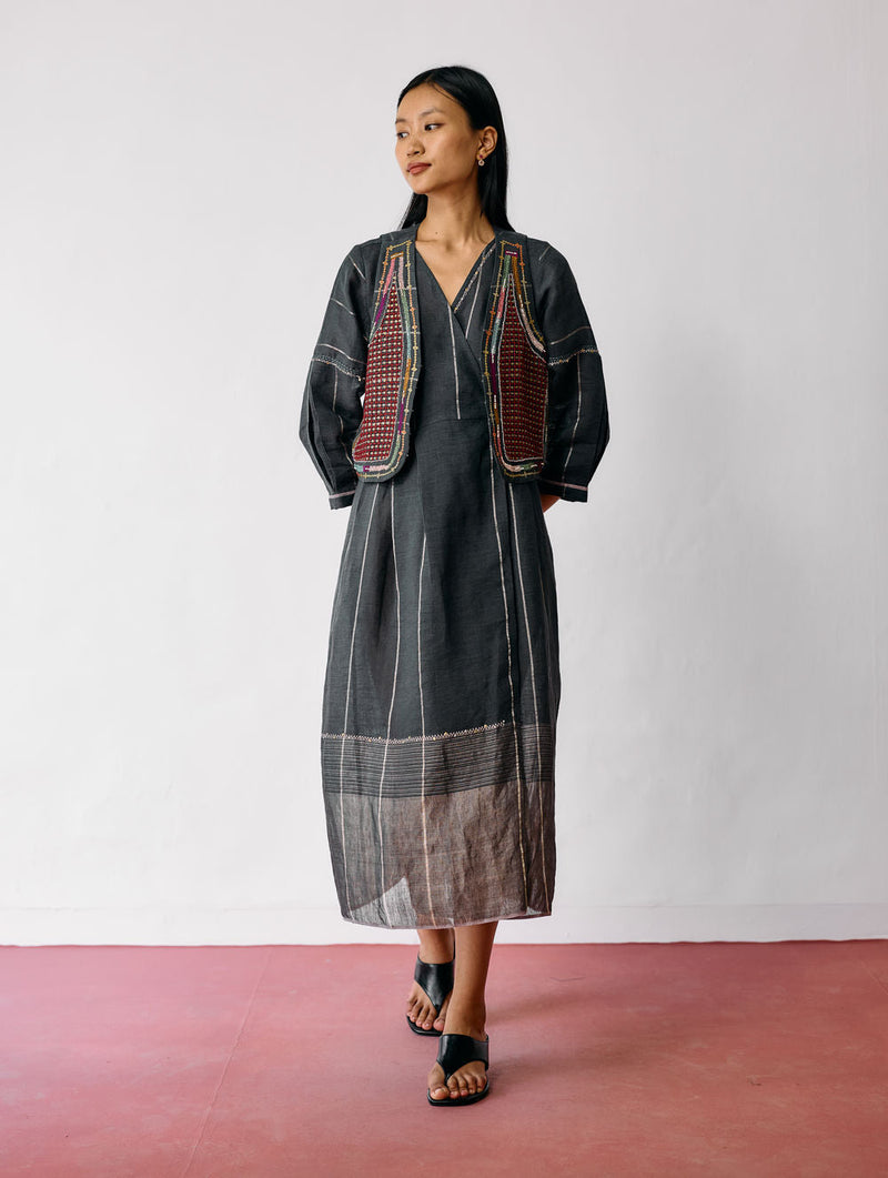 Raya Metallic Linen Wrap Dress with Jacket-Charcoal linen co-ord set by Manan in black for women in Singapore