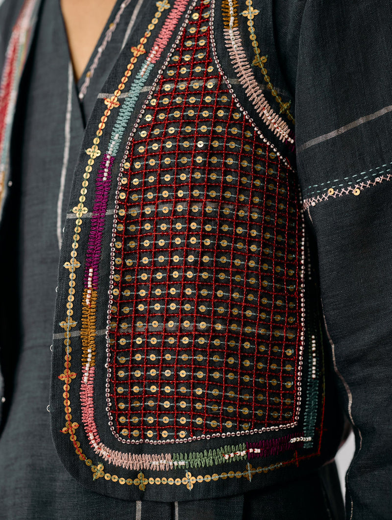 Kaya Hand-Embroidered Vest-Charcoal linen jacket/overlay by Manan in black for women in Singapore