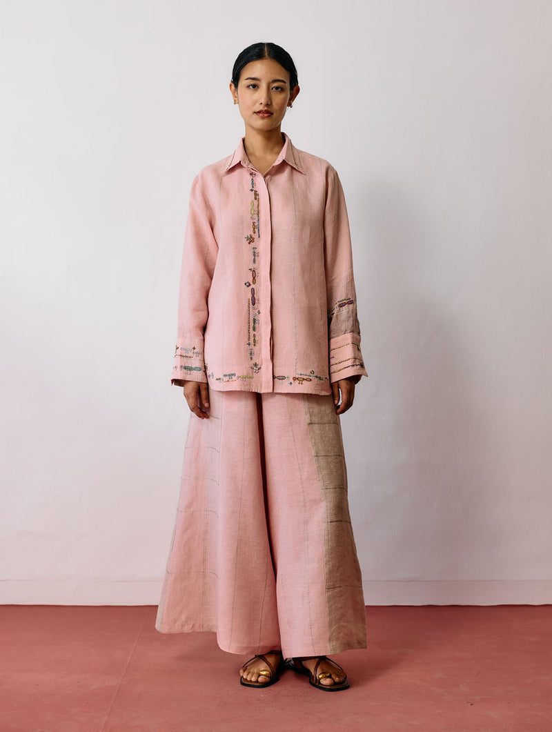 Hanat Hand-Embroidered Bird Co-ord-Pink linen co-ord set by Manan in pink for women in Singapore