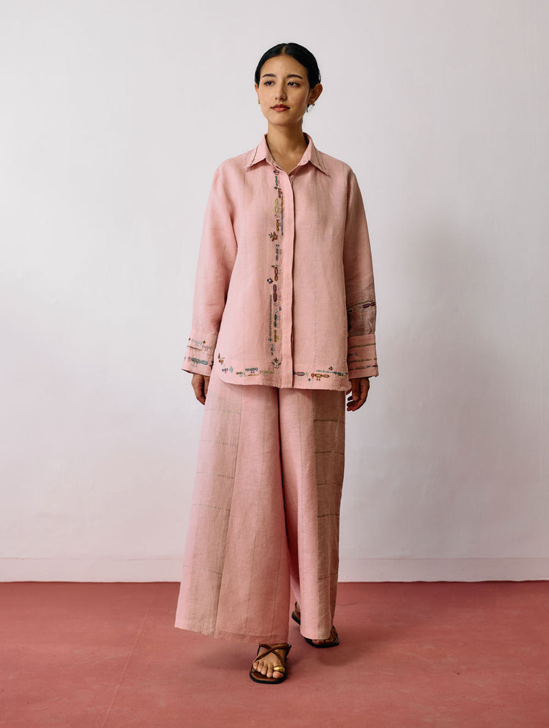 Hanat Hand-Embroidered Bird Co-ord-Pink linen co-ord set by Manan in pink for women in Singapore