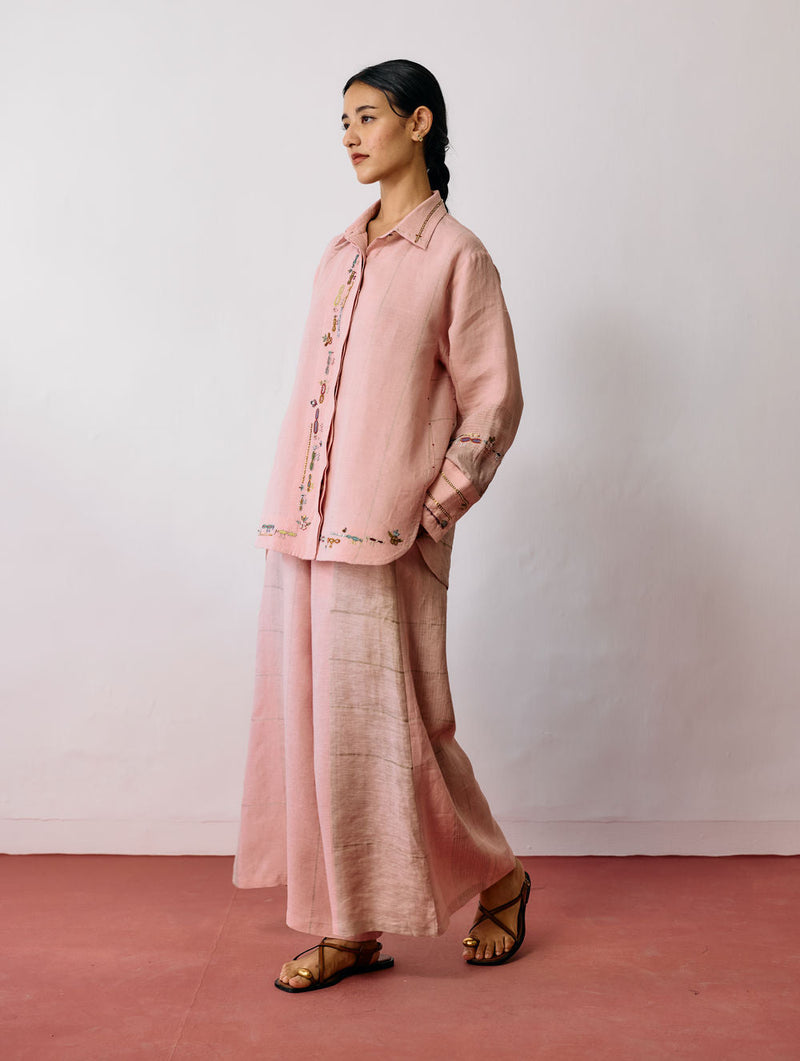 Hanat Hand-Embroidered Bird Co-ord-Pink linen co-ord set by Manan in pink for women in Singapore