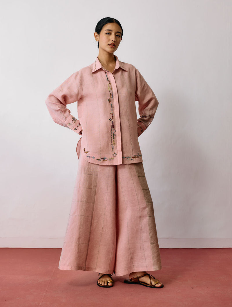 Hanat Hand-Embroidered Bird Co-ord-Pink linen co-ord set by Manan in pink for women in Singapore