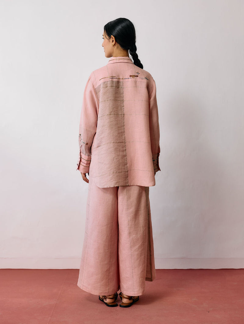 Hanat Hand-Embroidered Bird Co-ord-Pink linen co-ord set by Manan in pink for women in Singapore