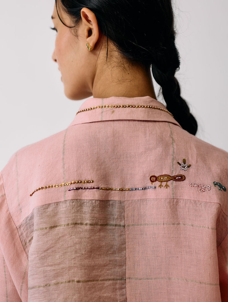 Hanat Hand-Embroidered Bird Co-ord-Pink linen co-ord set by Manan in pink for women in Singapore