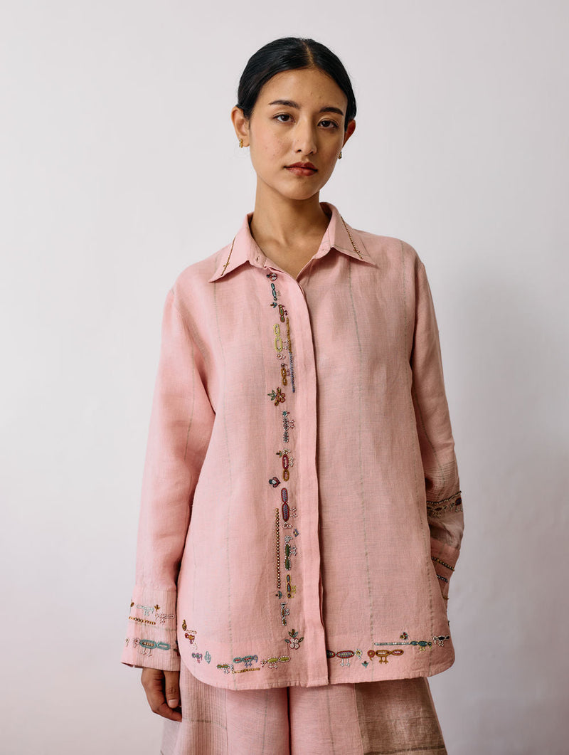 Hanat Hand-Embroidered Bird Co-ord-Pink linen co-ord set by Manan in pink for women in Singapore