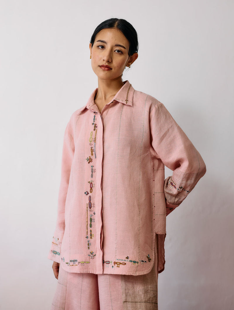 Hanat Hand-Embroidered Bird Co-ord-Pink linen co-ord set by Manan in pink for women in Singapore