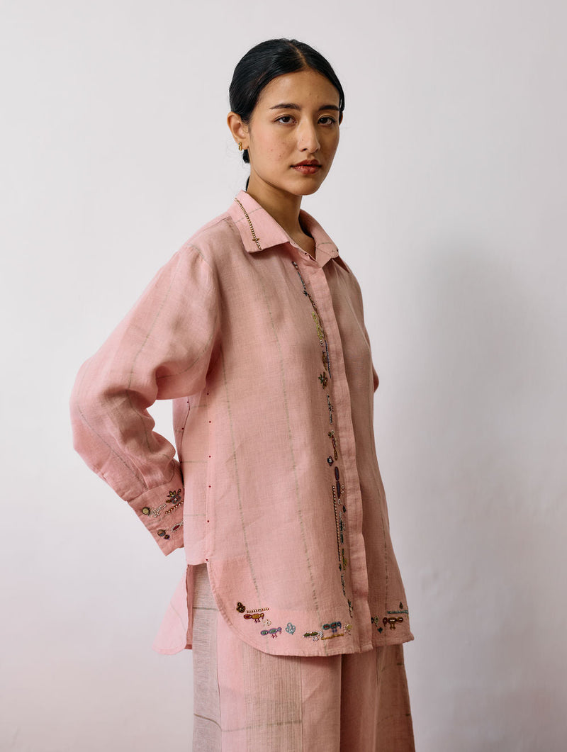 Hanat Hand-Embroidered Bird Co-ord-Pink linen co-ord set by Manan in pink for women in Singapore