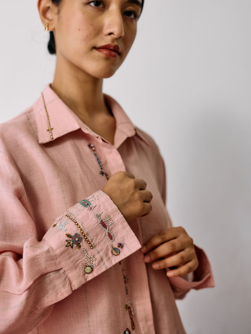 Hanat Hand-Embroidered Bird Co-ord-Pink linen co-ord set by Manan in pink for women in Singapore