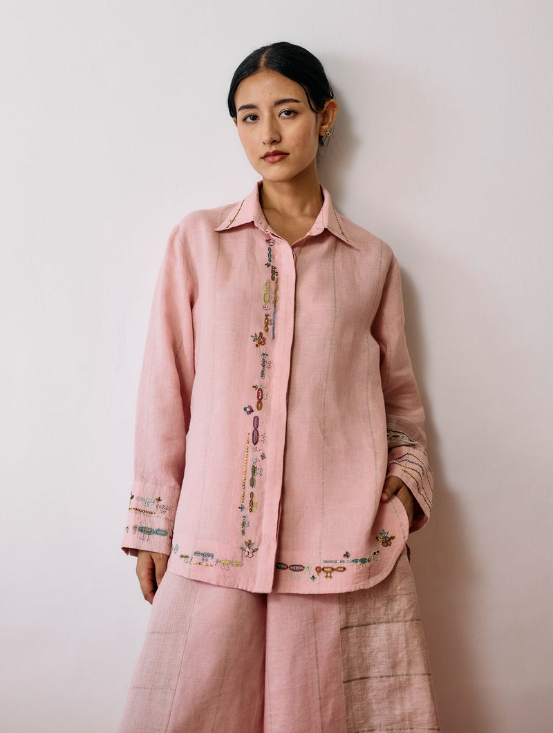 Hanat Hand-Embroidered Bird Co-ord-Pink linen co-ord set by Manan in pink for women in Singapore
