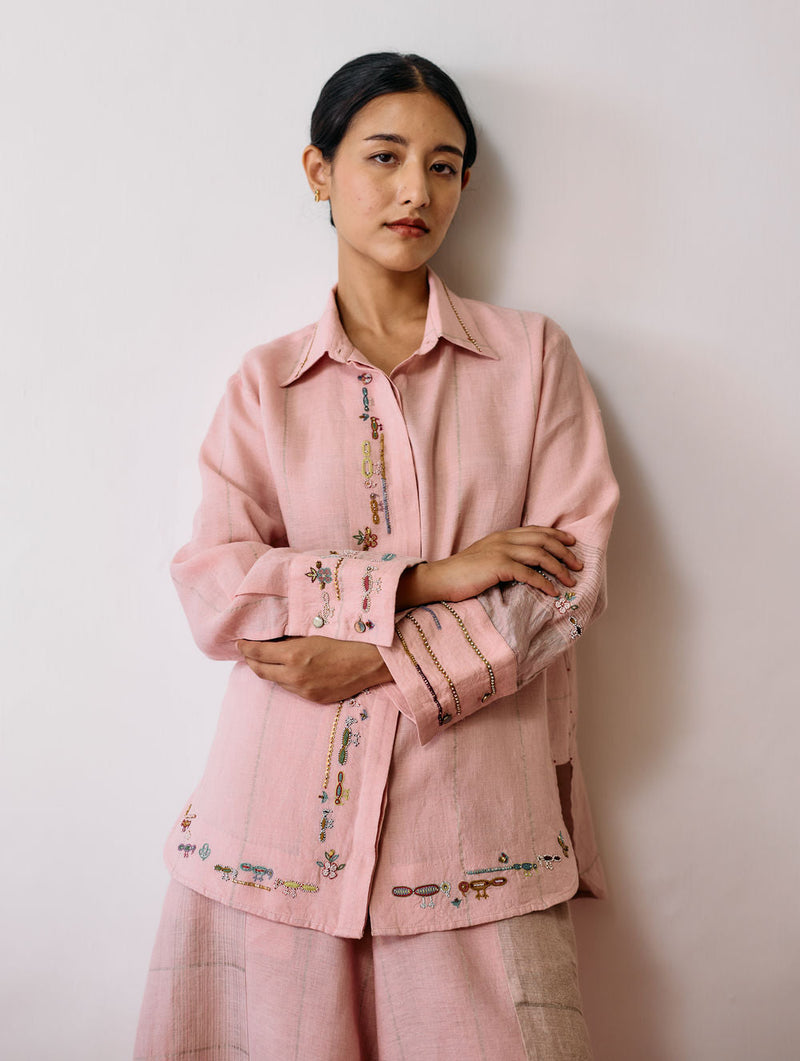 Hanat Hand-Embroidered Bird Shirt-Pink linen top/shirt by Manan in pink for women in Singapore