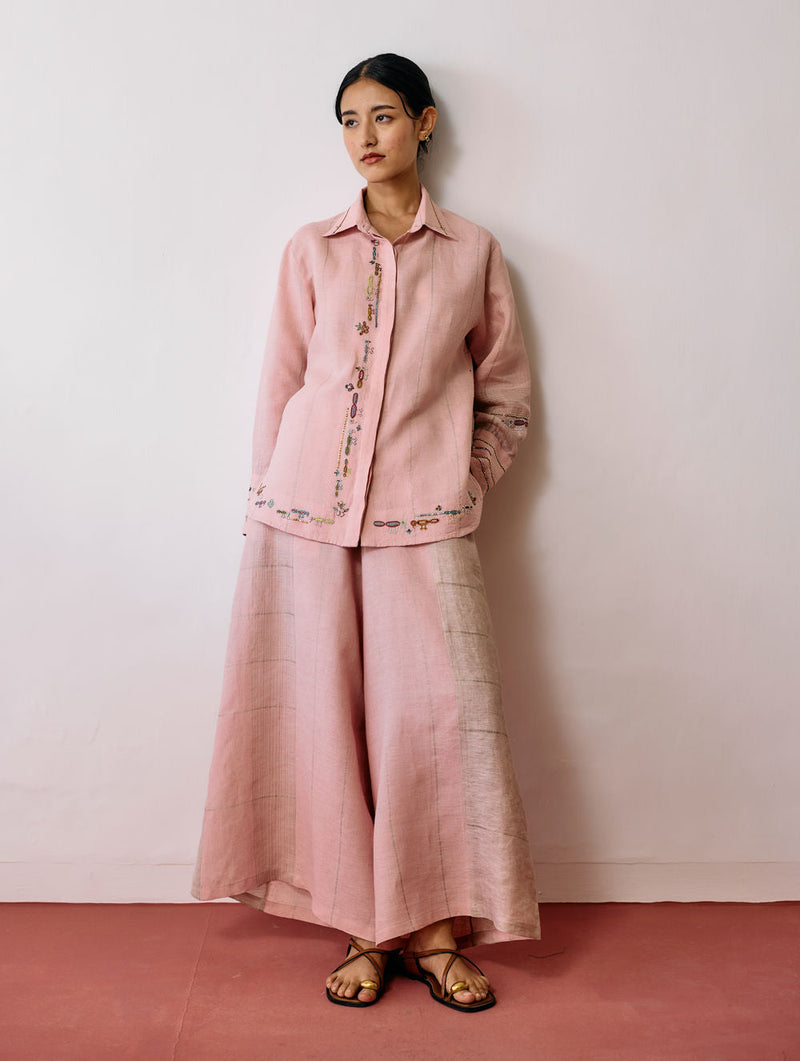 Hanat Hand-Embroidered Bird Shirt-Pink linen top/shirt by Manan in pink for women in Singapore