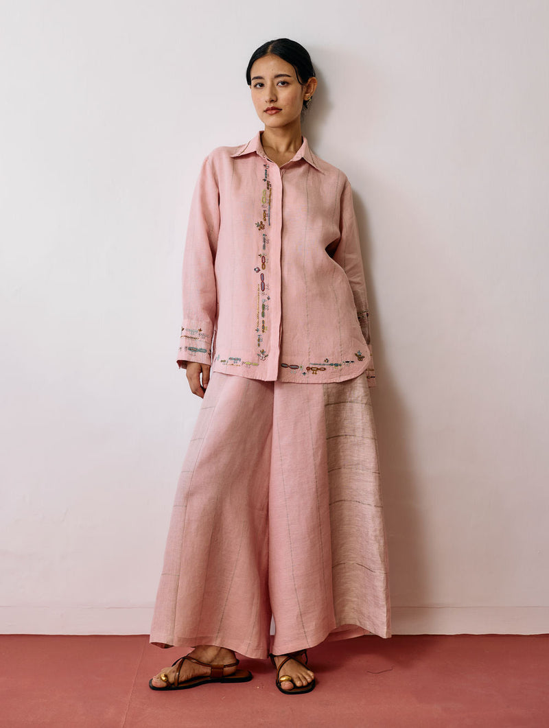 Hanat Hand-Embroidered Bird Co-ord-Pink linen co-ord set by Manan in pink for women in Singapore