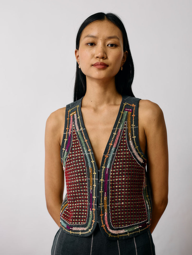 Kaya Hand-Embroidered Vest-Charcoal linen jacket/overlay by Manan in black for women in Singapore