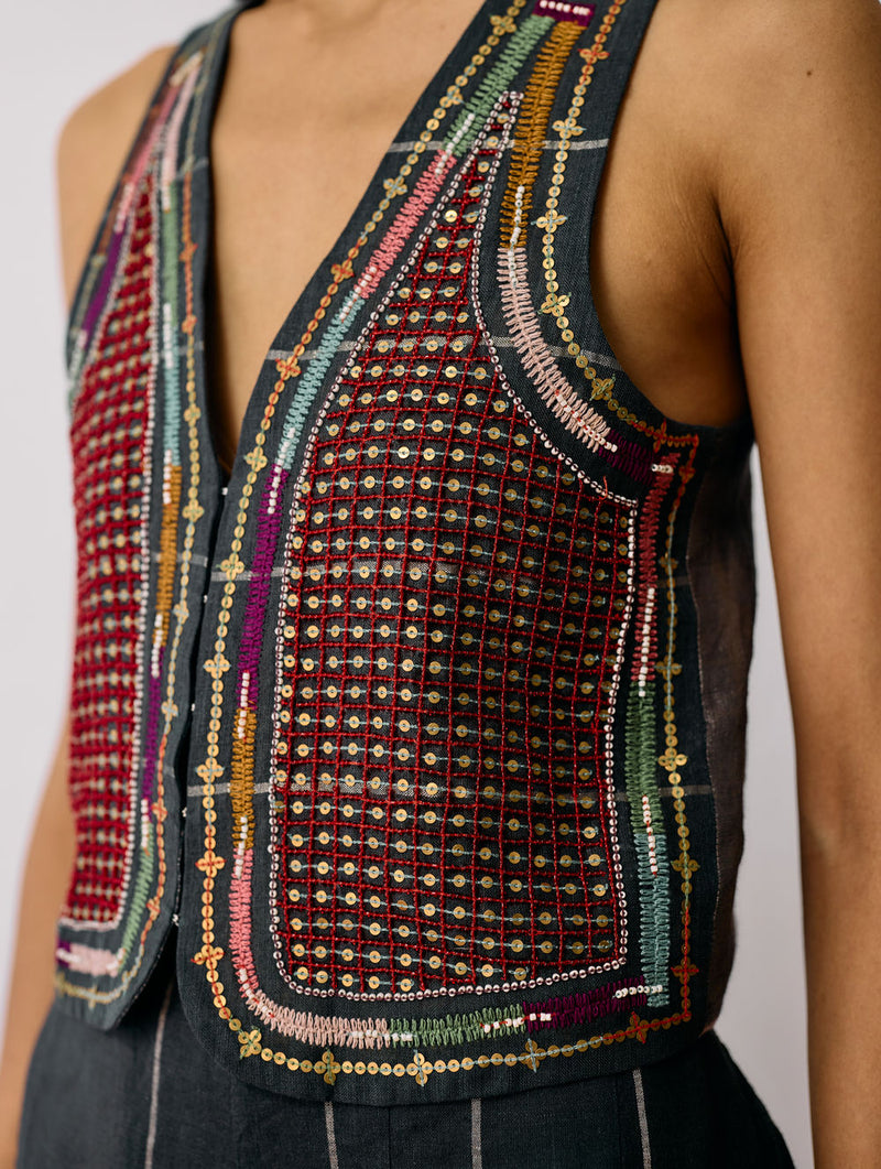 Kaya Hand-Embroidered Co-ord-Charcoal linen co-ord set by Manan in black for women in Singapore