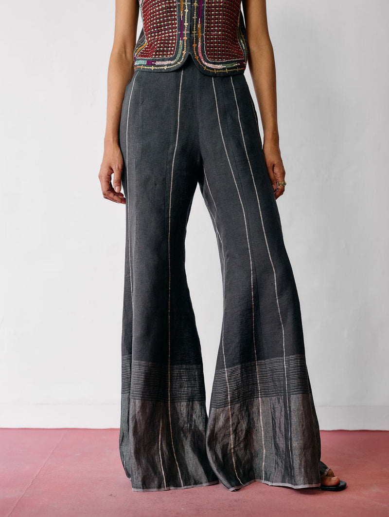 Tala Metallic Linen Sharara Pants-Charcoal linen pant/trousers by Manan in black for women in Singapore