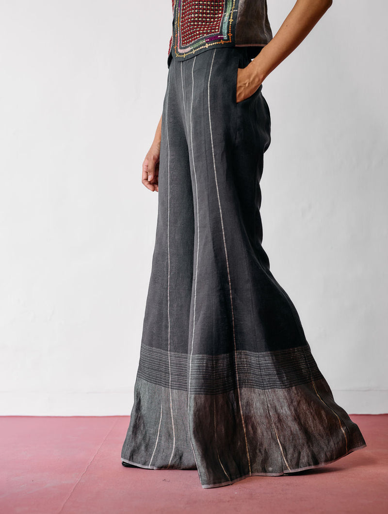 Tala Metallic Linen Sharara Pants-Charcoal linen pant/trousers by Manan in black for women in Singapore