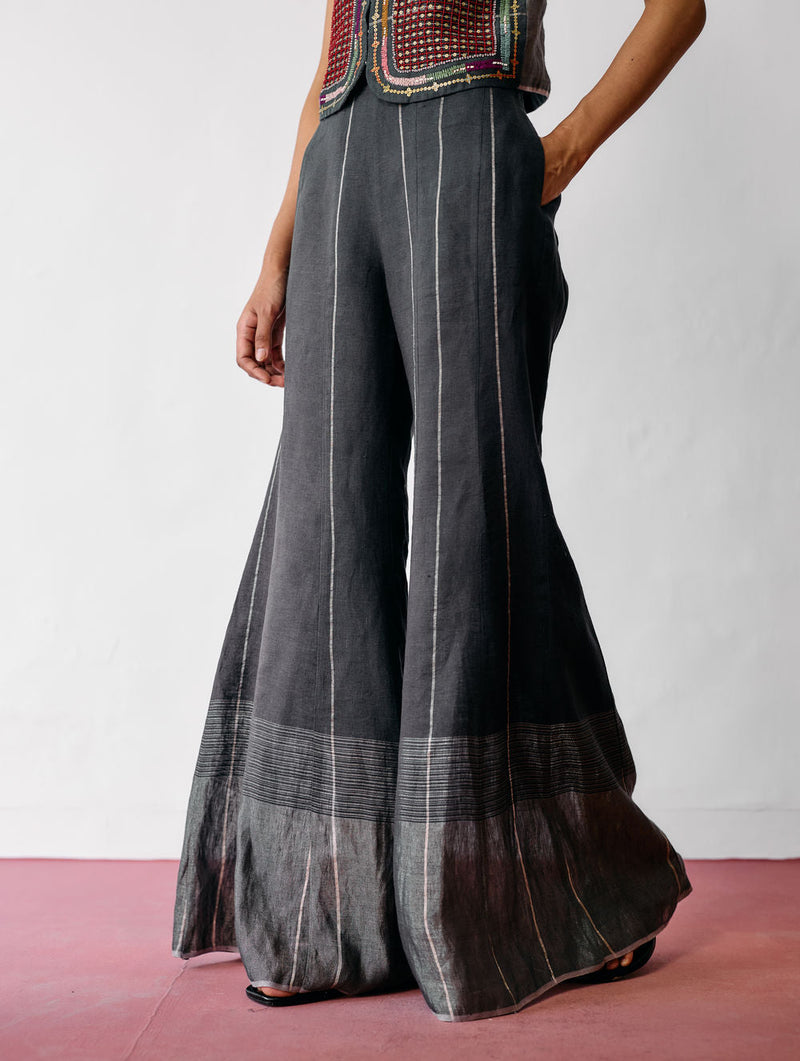 Tala Metallic Linen Sharara Pants-Charcoal linen pant/trousers by Manan in black for women in Singapore