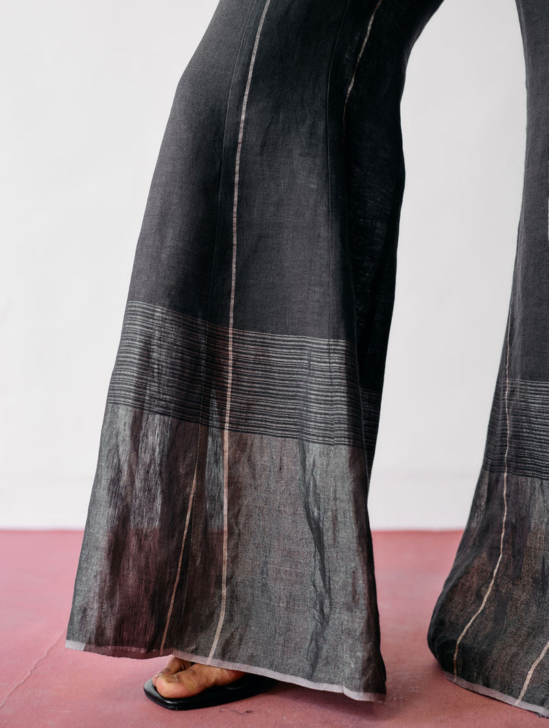 Tala Metallic Linen Sharara Pants-Charcoal linen pant/trousers by Manan in black for women in Singapore