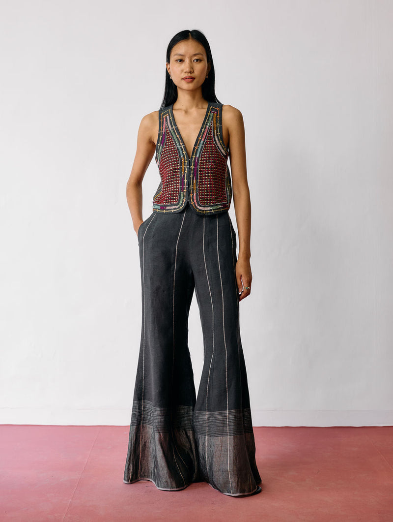 Kaya Hand-Embroidered Co-ord-Charcoal linen co-ord set by Manan in black for women in Singapore