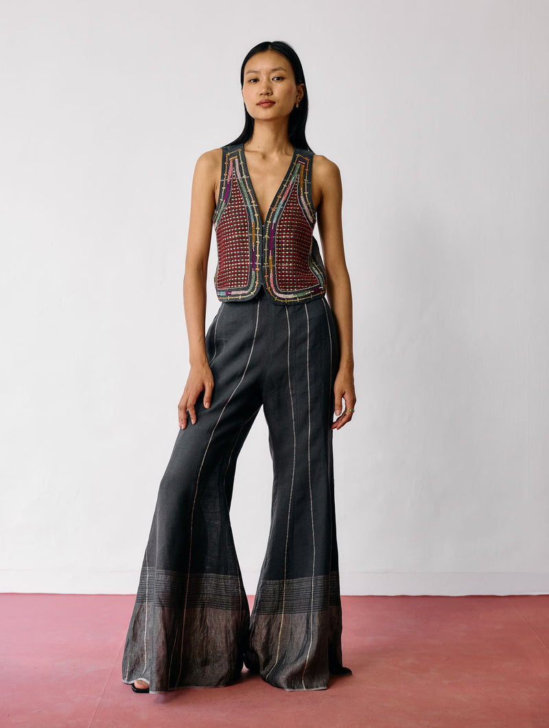 Kaya Hand-Embroidered Co-ord-Charcoal linen co-ord set by Manan in black for women in Singapore